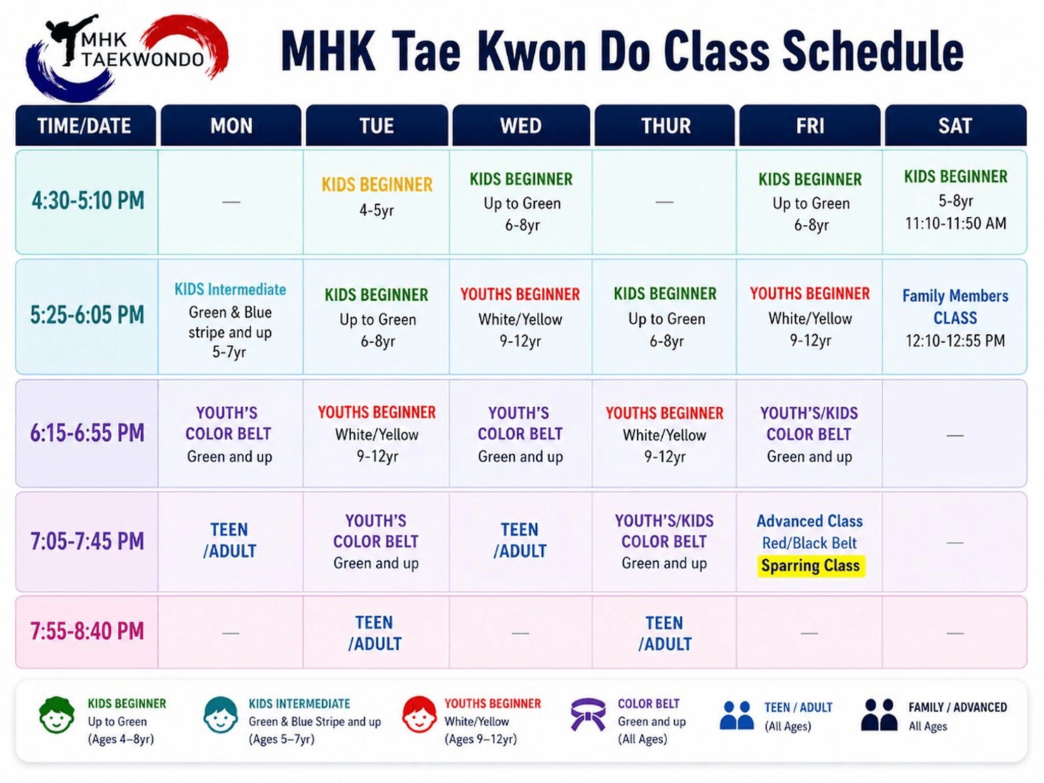 MHK Taekwondo Class Schedule